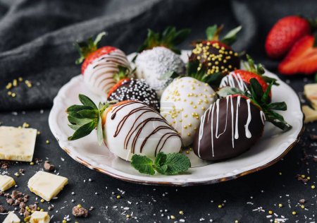 Foto de Strawberries glazed in black and white chocolate. lie on a white plate - Imagen libre de derechos
