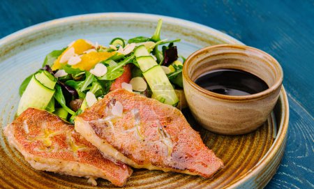 Téléchargez les photos : Grilled Red Snapper fish fillets and fresh vegetable salad - en image libre de droit