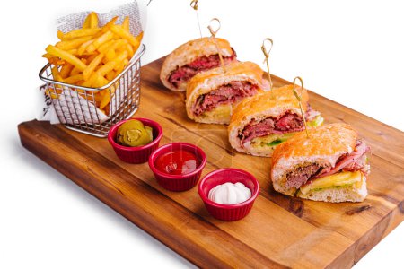 Photo for Mini sandwiches with ham and fries with sauces - Royalty Free Image