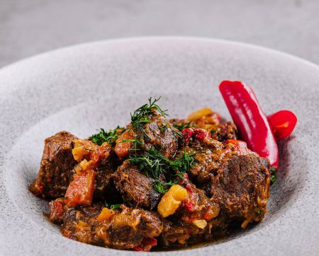 beef goulash with red pepper close up