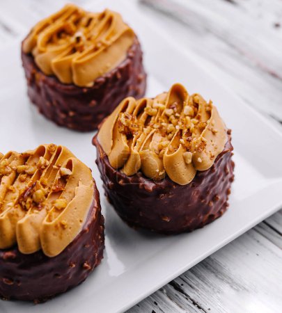 chocolate coffee cakes with caramel close up