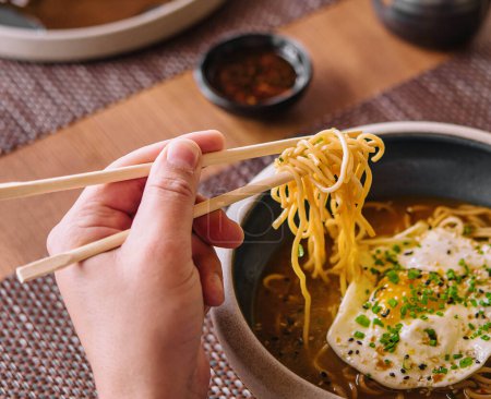 Kimchi noodle spicy soup with egg