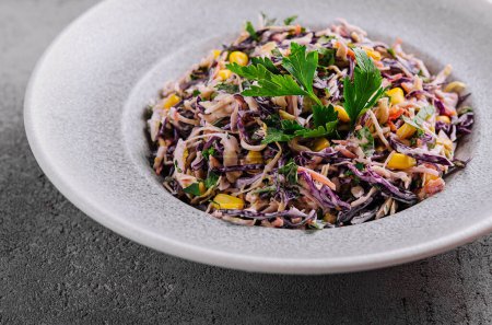 Fresh red cabbage salad with corn