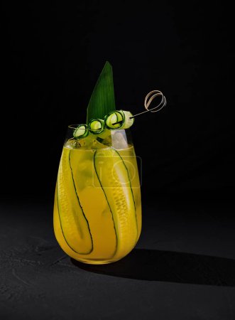 Artistic shot of a cucumber-infused cocktail with garnish against a black backdrop