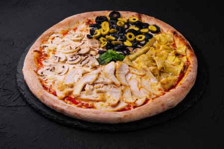 Delicious split-topping pizza with fresh ingredients, perfect for food menus and culinary themes