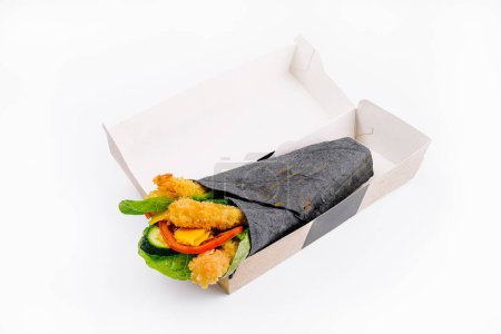 Fresh crispy chicken charcoal wrap in a takeout box isolated on a white background
