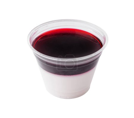 Delectable berry panna cotta dessert with distinct purple and white layers, presented in a clear cup