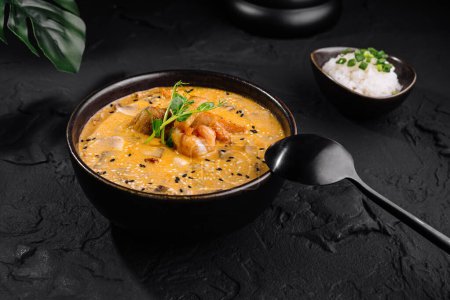 Delicious shrimp curry garnished with herbs in a bowl beside rice, on a dark textured background