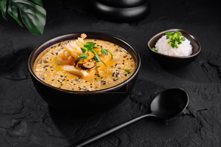 Appetitlicher Kimchi-Eintopf, serviert mit Reis auf dunklem, strukturiertem Hintergrund