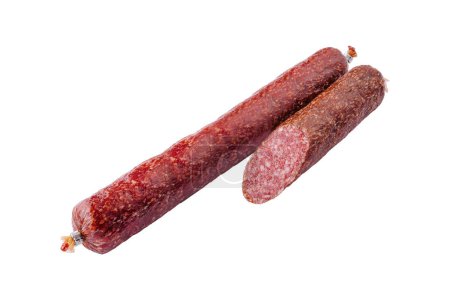 Full and a half-cut dry sausage on a white background, emphasizing texture and color