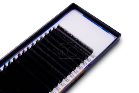 Close-up of individual eyelash extension fibers in a tray, isolated on a white background