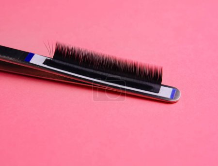 Close-up of false eyelashes held by tweezers, isolated on a vibrant red backdrop