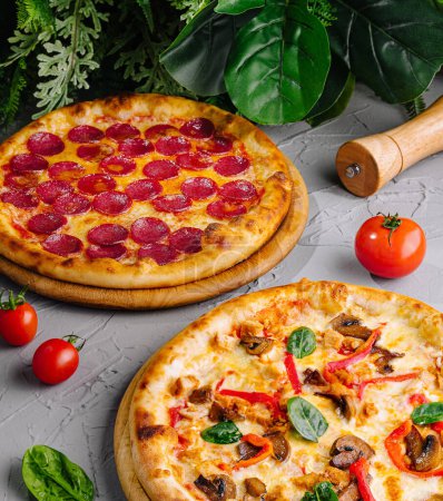Zwei leckere Pizzen mit Paprika und Gemüse, frische Zutaten auf grauer Oberfläche