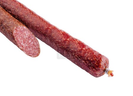 Full and a half-cut dry sausage on a white background, emphasizing texture and color