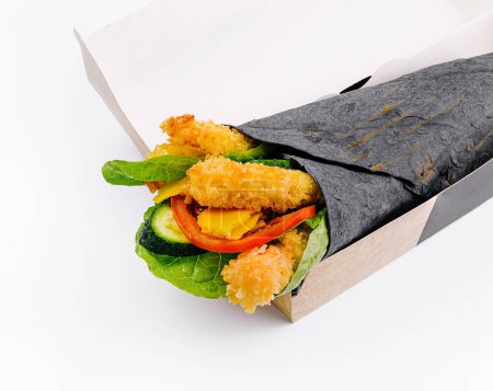 Fresh crispy chicken charcoal wrap in a takeout box isolated on a white background