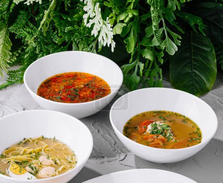 Téléchargez les photos : Variété de soupes délicieuses et un plat de viande grillée, magnifiquement servi sur une table blanche texturée, prêt à manger - en image libre de droit