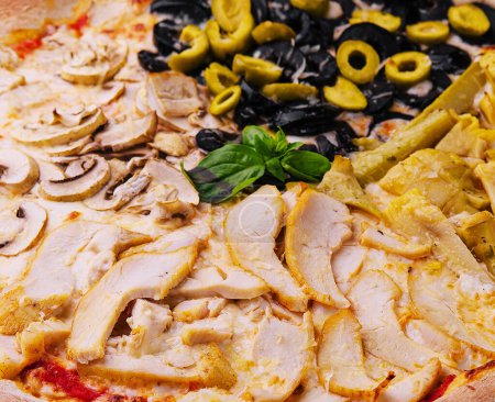 Delicious split-topping pizza with fresh ingredients, perfect for food menus and culinary themes