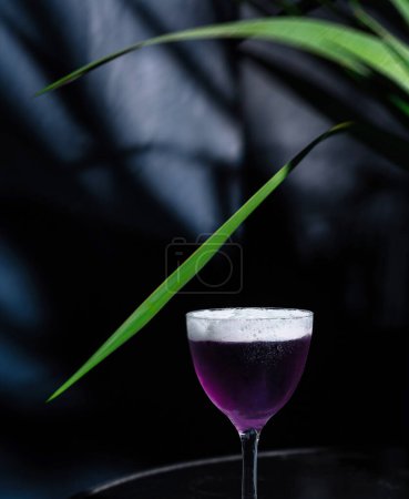 Cocktail violet élégant dans un verre classique, sur fond sombre et humide avec des accents végétaux verts