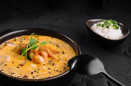Delicious shrimp curry garnished with herbs in a bowl beside rice, on a dark textured background