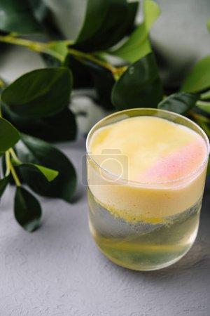 Sophisticated citrus cocktail with a pink garnish, accompanied by lush green leaves