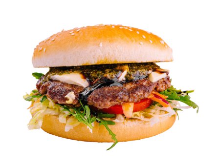 Juicy beef burger with fresh toppings and sesame bun isolated on a white background