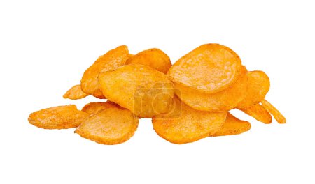 Pile of crunchy potato chips on a pure white background, perfect for snack-related content