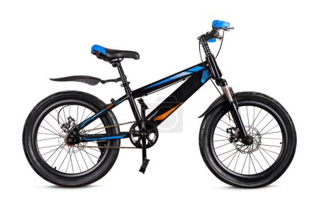 Sleek black and blue bmx bike with vibrant detailing stands isolated against a pure white backdrop