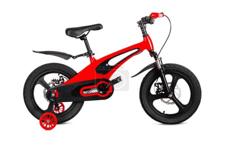 Vibrant red kids' bike with training wheels and black accents, displayed on a white background