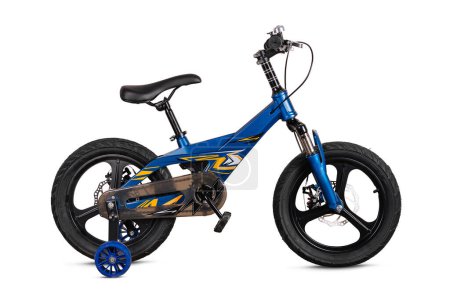 Kid's bike with stabilizers on a white background, suitable for product display and advertising