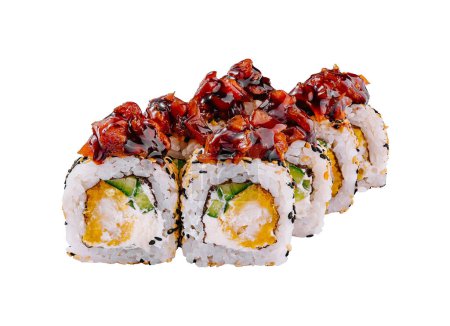 Delectable unagi sushi rolls topped with savory sauce, isolated on white for culinary themes