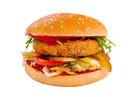 Tasty chicken burger with fresh vegetables and sauce on a sesame bun isolated on a white background