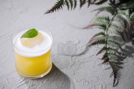 Elegant glass of citrus cocktail adorned with a fresh mint leaf on a textured surface with fern decoration