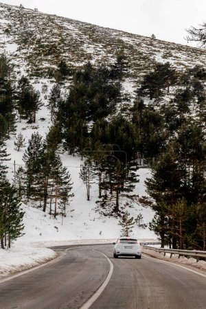 A vehicle is navigating a snowy mountain road with trees lining the asphalt thoroughfare, driving on the sloped road surface