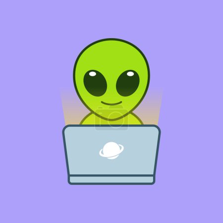 Illustration for Cute Alien Using Laptop Illustration - Royalty Free Image
