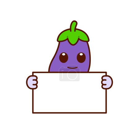 Illustration for Cute Eggplant Character Holding a Blank Sign - Royalty Free Image