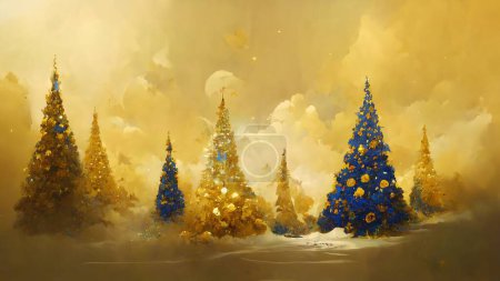 árboles de navidad azul y oro bosque sobre fondo dorado tarjeta de navidad con adornos, decoraciones. Oro y verde azulado pintado brillante y brillante temporada saludos fondo.