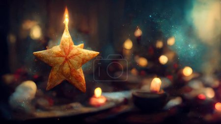 Photo for Painted defocused star christmas decoration background card. Season greeting ornaments postcard. - Royalty Free Image
