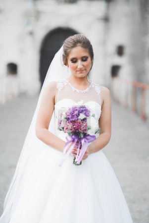 Téléchargez les photos : Magnifique romantique doux élégant belle mariée caucasienne sur le fond ancien château baroque. - en image libre de droit