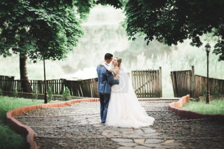 Beautiful bride and groom embracing and kissing on their wedding day outdoors.