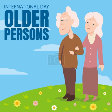 Ilustración de Ilustración gráfica vectorial de un par de abuelos caminando juntos en el parque, mostrando flores, perfecto para personas mayores del día internacional, celebrar, tarjeta de felicitación, etc.. - Imagen libre de derechos