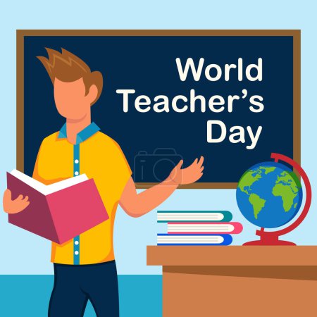 Illustration for Illustration vector graphic of a teacher is teaching while holding a book, displaying a book and a globe on the table, perfect for international day, world teacher's day, celebrate, greeting card, etc - Royalty Free Image