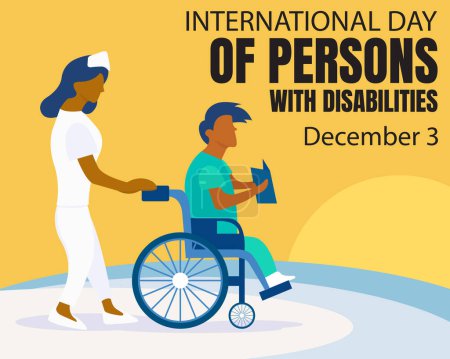 Illustration for Illustration vector graphic of nurse pushing wheelchair disabled patient, perfect for international day, world disability day, celebrate, greeting card, etc. - Royalty Free Image