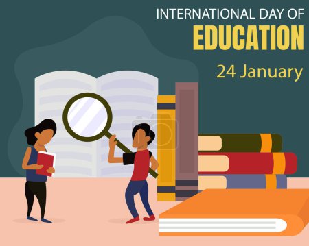 Ilustración de Illustration vector graphic of a couple is reading a book using a magnifying glass, showing a pile of books, perfect for international day, international day of education, celebrate, greeting card. - Imagen libre de derechos