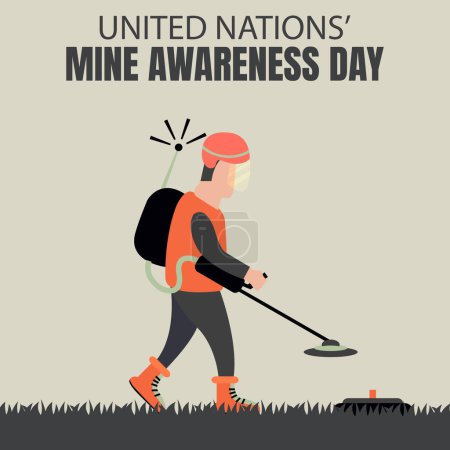 Ilustración de Illustration vector graphic of a man is checking the field with a mine detector, perfect for international day, united nations awareness day, celebrate, greeting card, etc. - Imagen libre de derechos