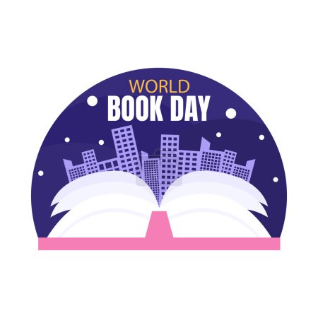 Ilustración de Illustration vector graphic of the silhouette of the city behind an open book, perfect for international day, world book day, celebration, greeting card, etc. - Imagen libre de derechos