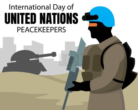 Téléchargez les illustrations : Illustration vector graphic of a un soldier holding a gun on the battlefield, perfect for international day, united nations peacekeepers, celebrate, greeting card, etc. - en licence libre de droit