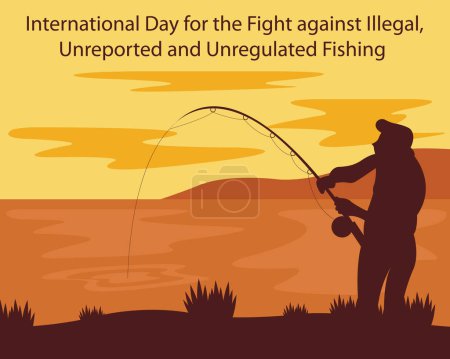 Illustration for Illustration vector graphic of silhouette of a man fishing on the beach, perfect for international day, fight against illegal, unreported and unregulated fishing, celebrate, greeting card, etc. - Royalty Free Image