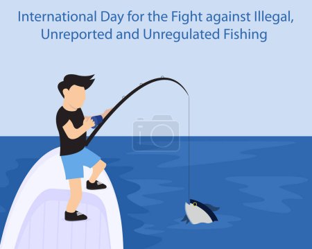 Illustration for Illustration vector graphic of a man fishing in the sea with a boat, perfect for international day, fight against illegal, unreported and unregulated fishing, celebrate, greeting card, etc. - Royalty Free Image