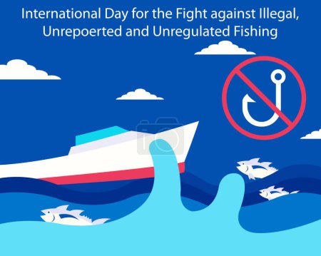 Illustration for Illustration vector graphic of fishing boat in the middle of a sea of waves, displaying a fishing prohibition symbol, perfect for international day, fight against illegal, unreported and unregulated - Royalty Free Image