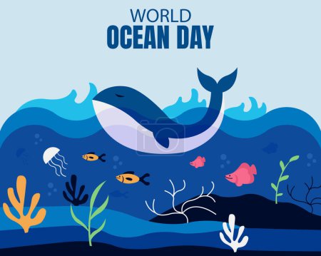 Illustration for Illustration vector graphic of blue whale rising to the surface of the sea, perfect for international day, world ocean day, celebrate, greeting card, etc. - Royalty Free Image